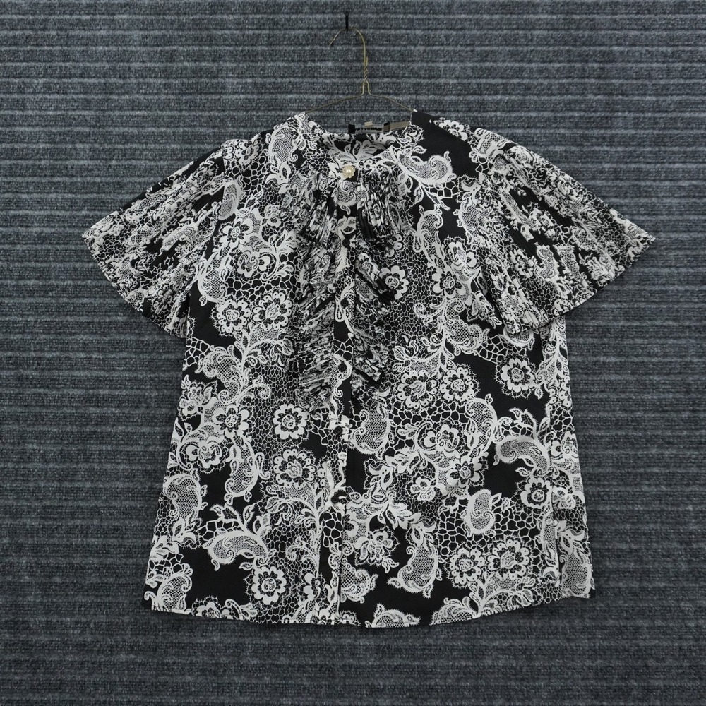 Karl Lagerfeld Blouse Womens Large Blackβ White Lace Print Pleated Ruffle Pearl